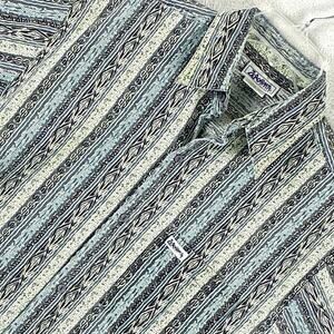 VTG Zero Gravity Hawaiian Camp Shirt Men XL Blue Black Striped Geometric USA 90s